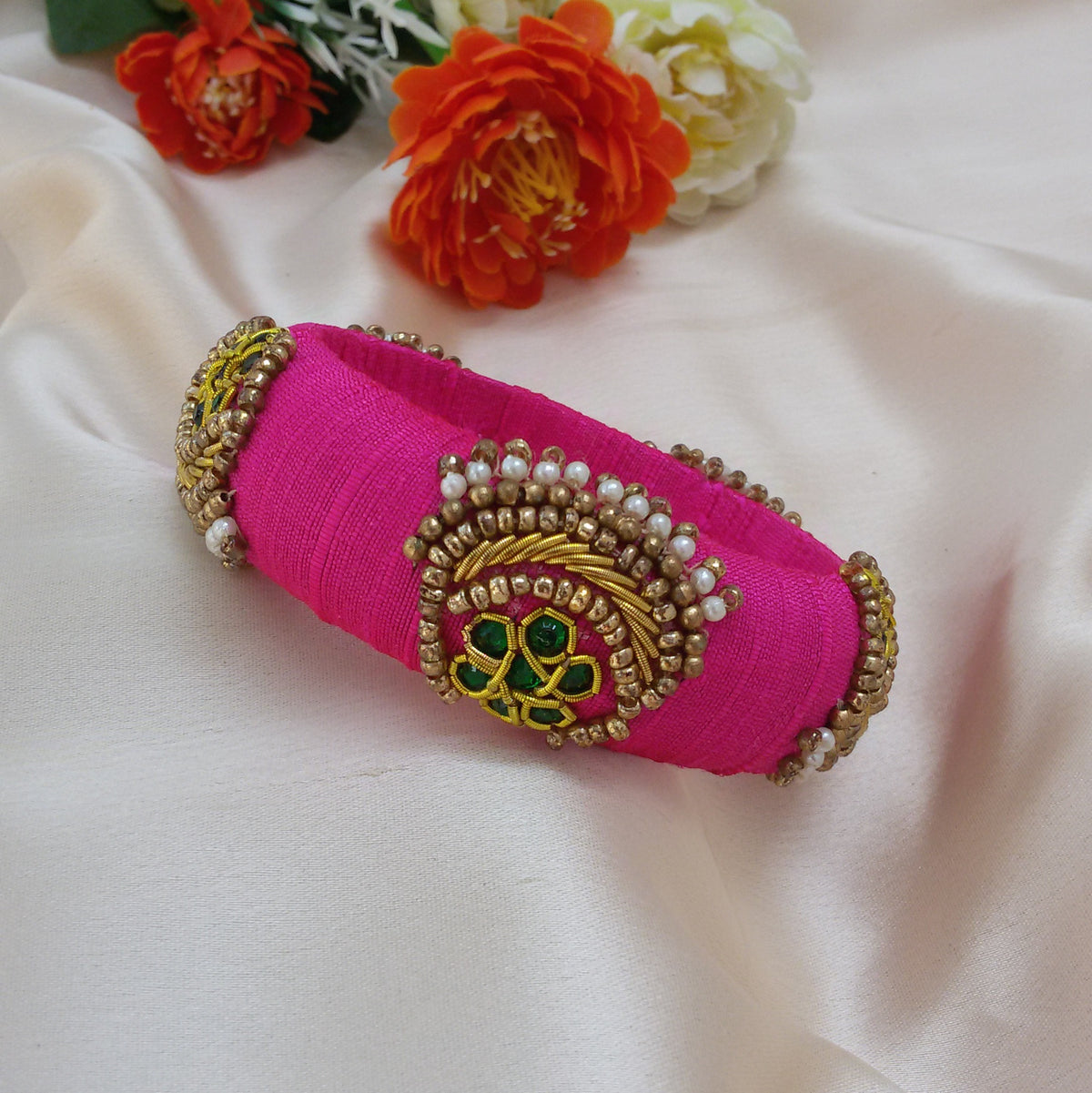 Pink raw silk bangle