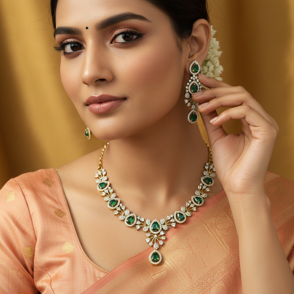 Emerald and white stone Necklace set
