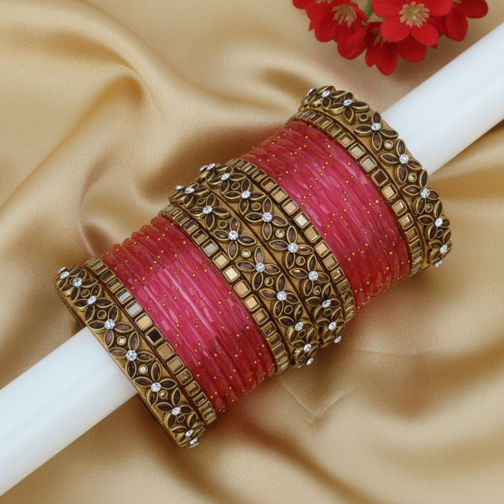 Peach glass kundan bangles