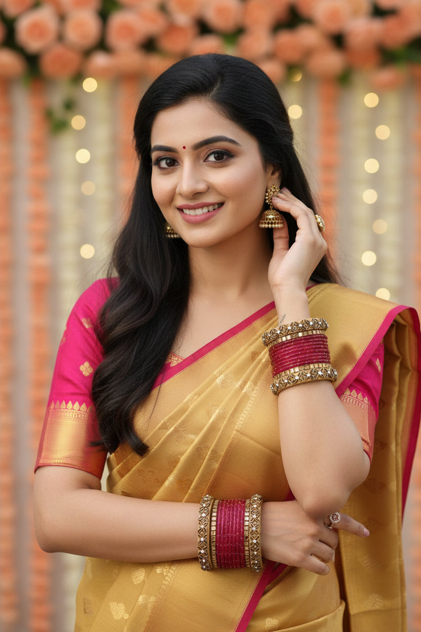 Pink glass kundan bangle set