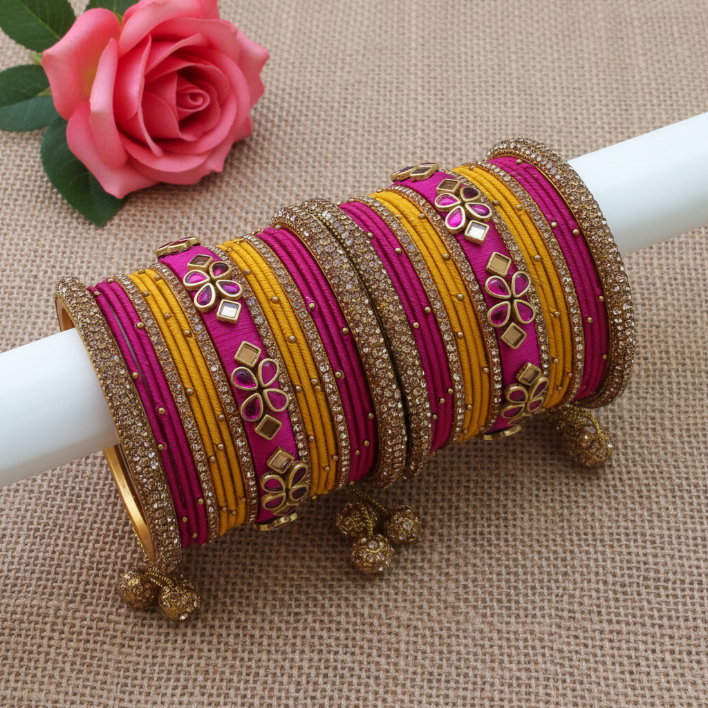 Pink Yellow stone bangle set