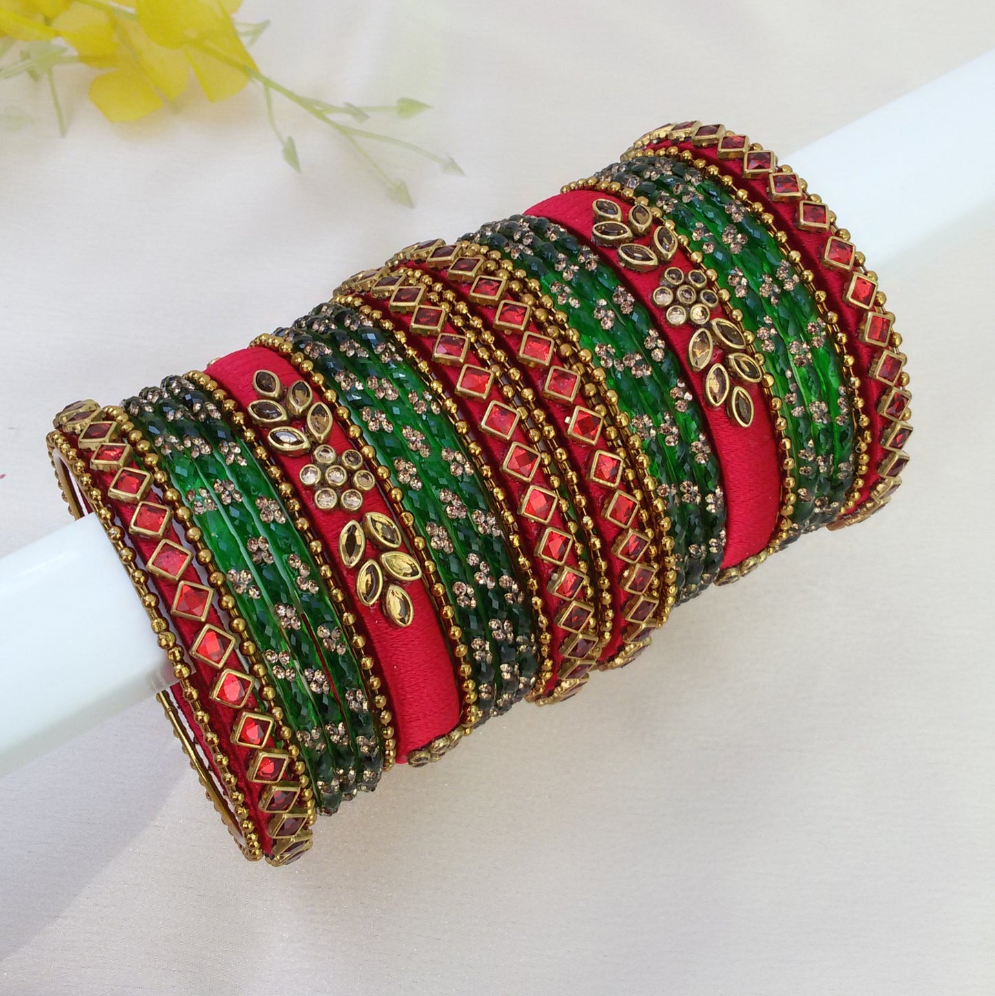 Red glass kundan bangle set