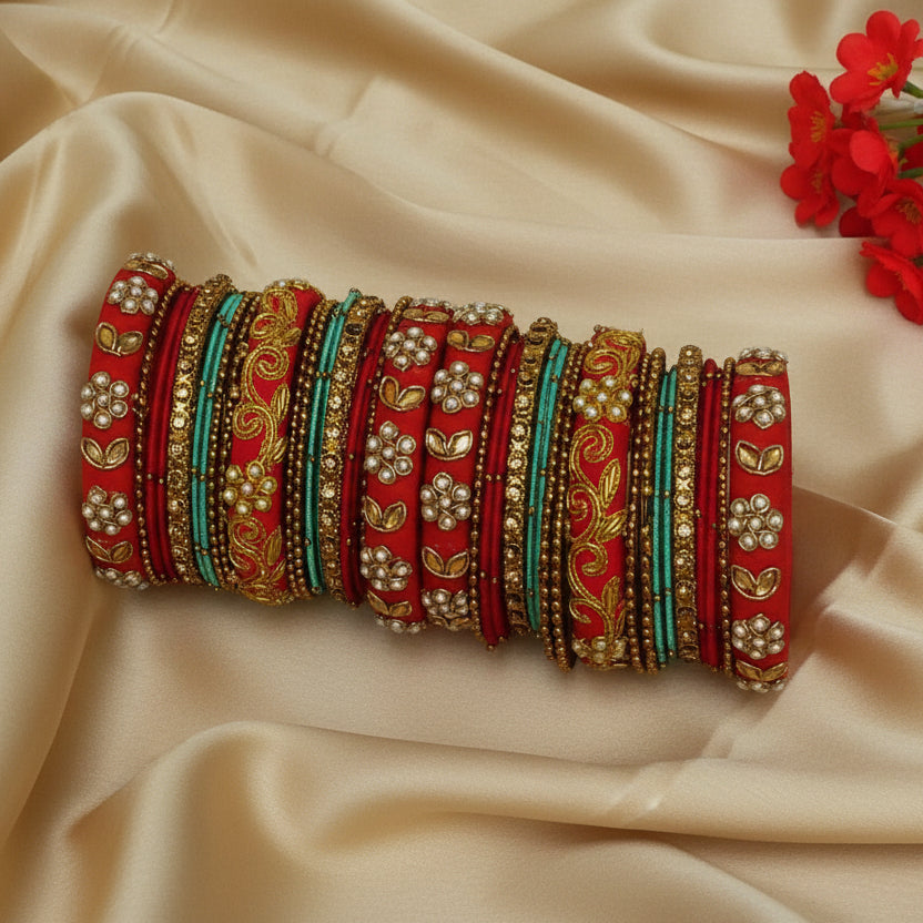 Red and sea green bridal bangle set