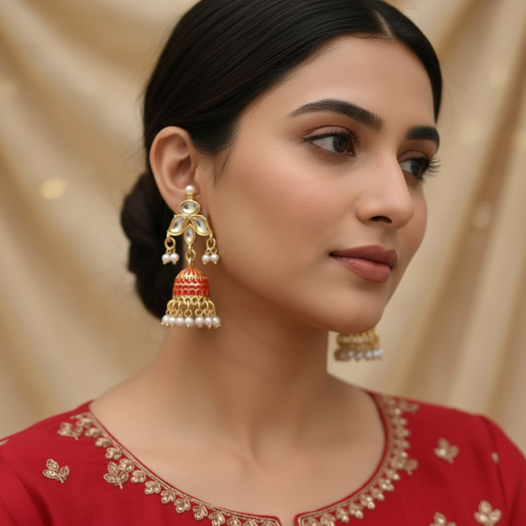 Red meenakari Jhumkis with kundan studs (4*2.5)