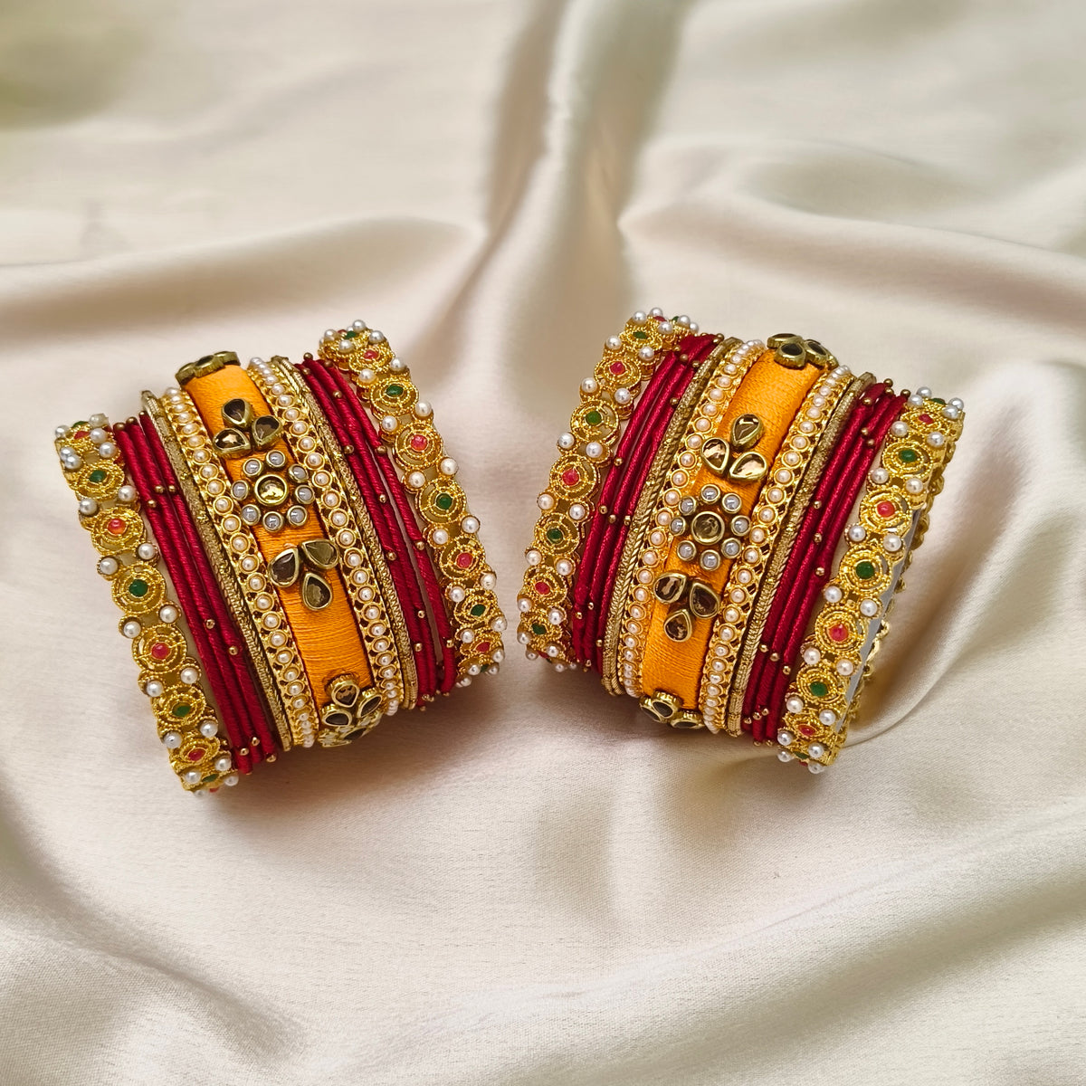 Yellow meena pearl bangle set