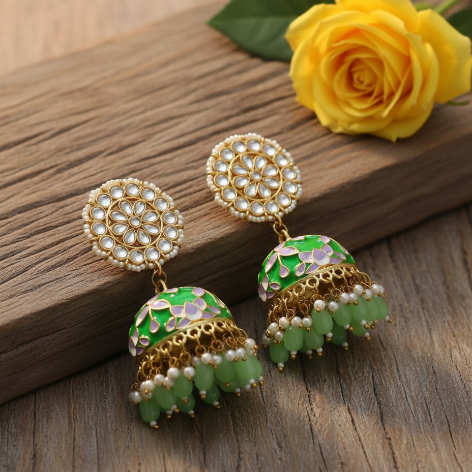 Pastel Green Meenakari Jhumkis