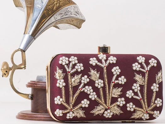 Maroon floral hand embroidery clutch (7*4)