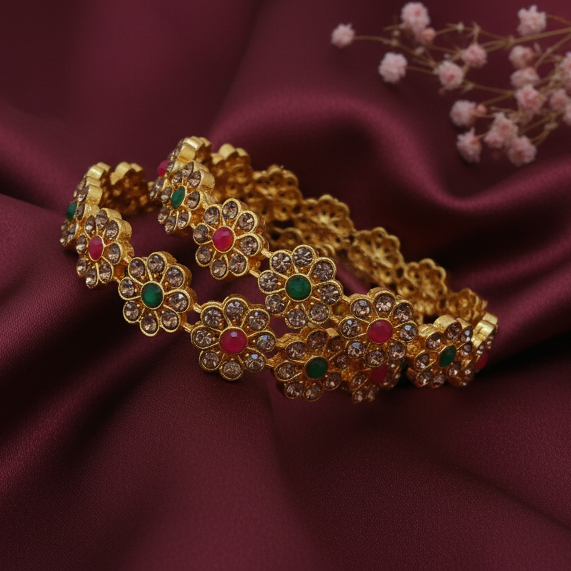 Gold plated floral stone studded bangles