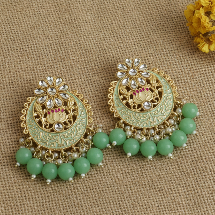 Pastel green meenakari chandbali earrings