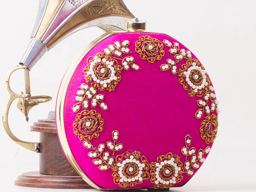 Pink circle hand embroiderd clutch (6*6)