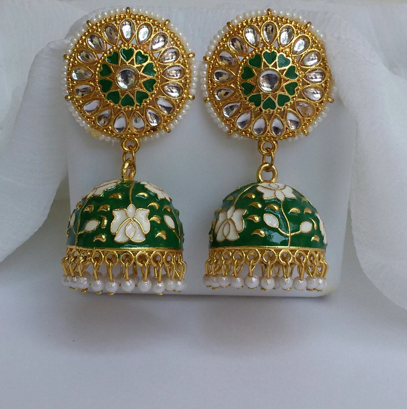 Green meenakari jhumkis with kundan studs