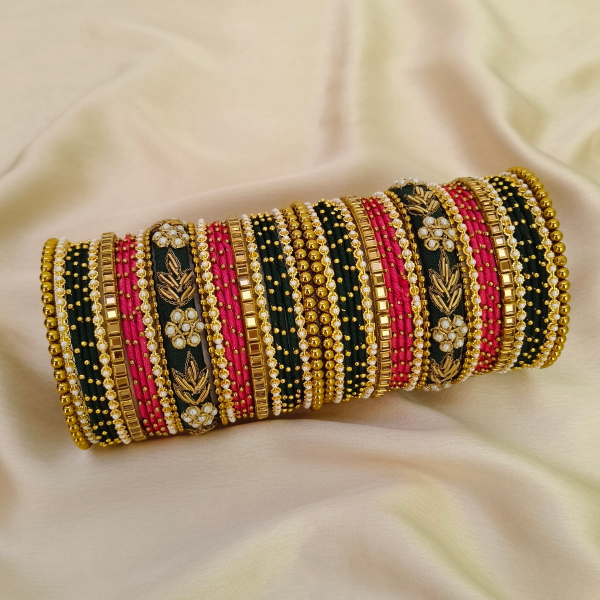 Bottle green red rawsilk bridal bangle set