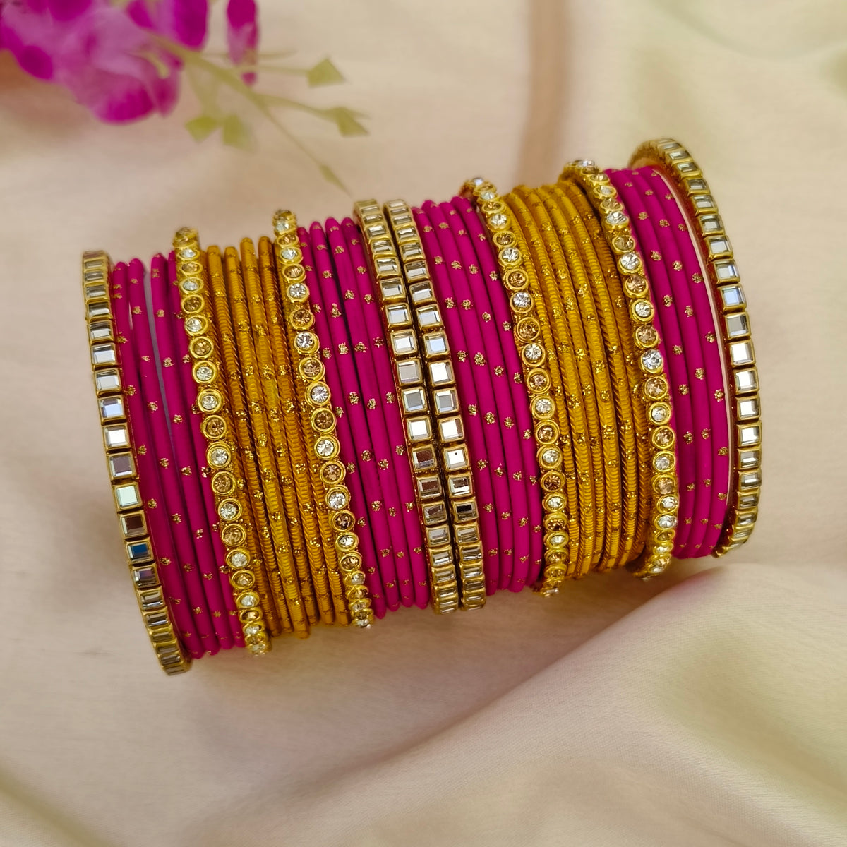 Pink yellow ramya bangle set