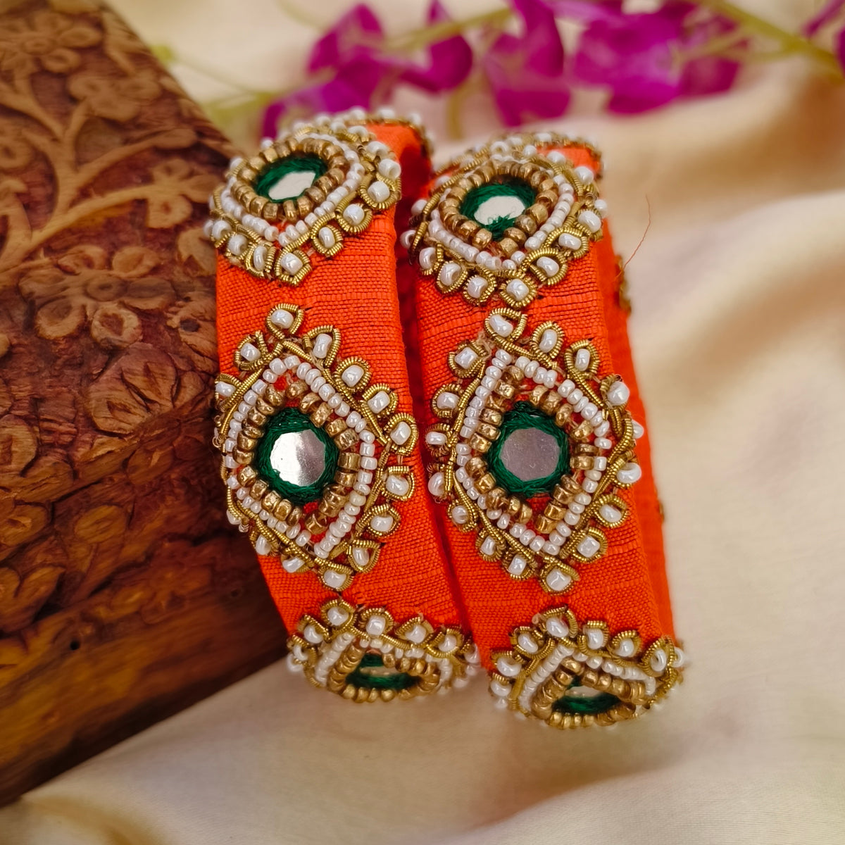 Orange green kapila Rawsilk bangle set