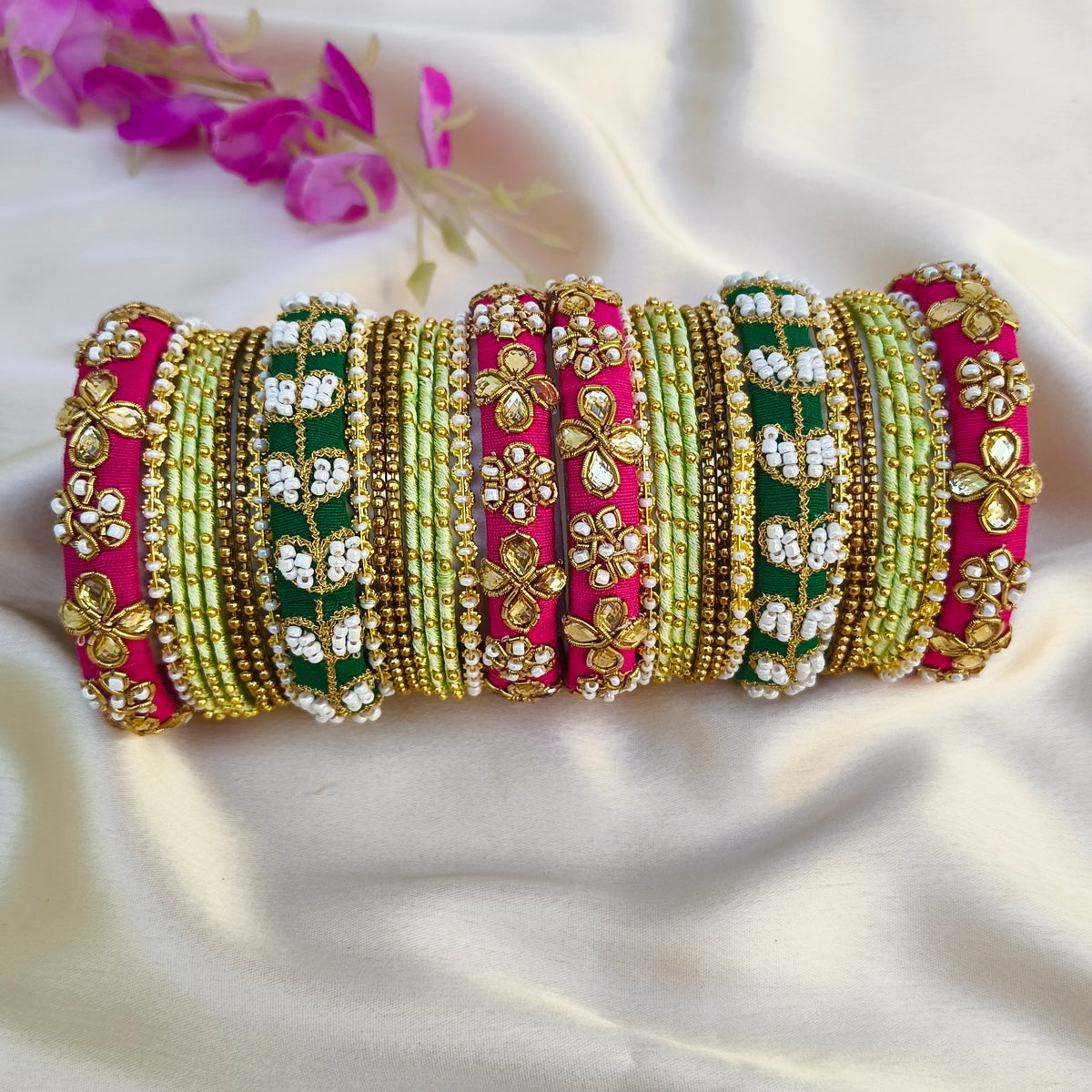 Pink pastel green Raw silk bridal bangle set