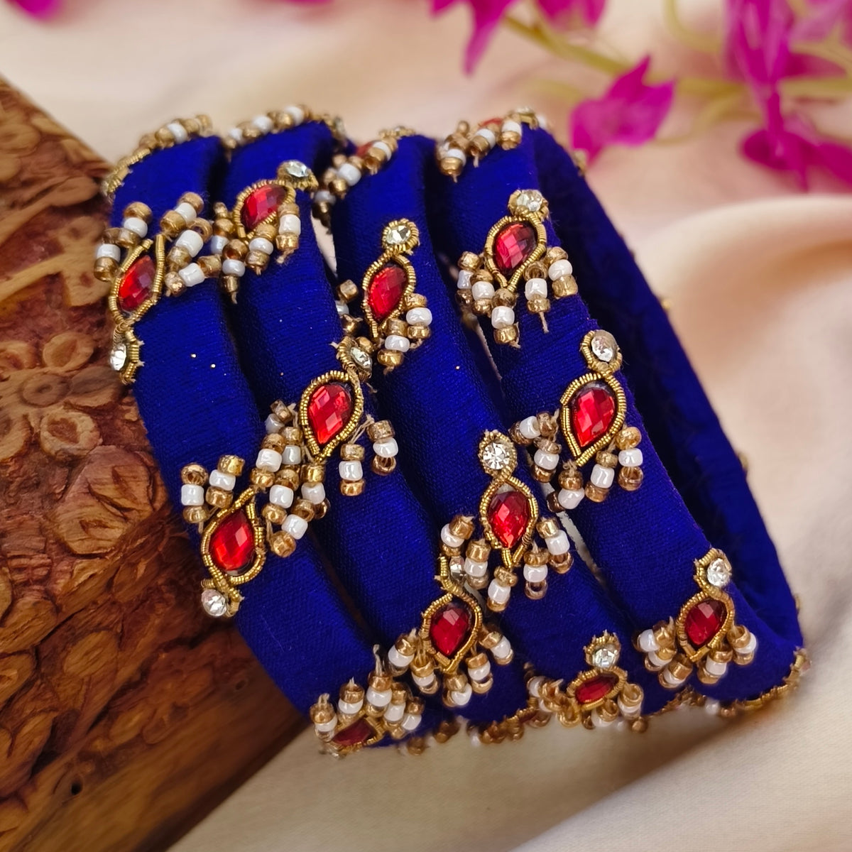 Red blue shreya Rawsilk bangle set