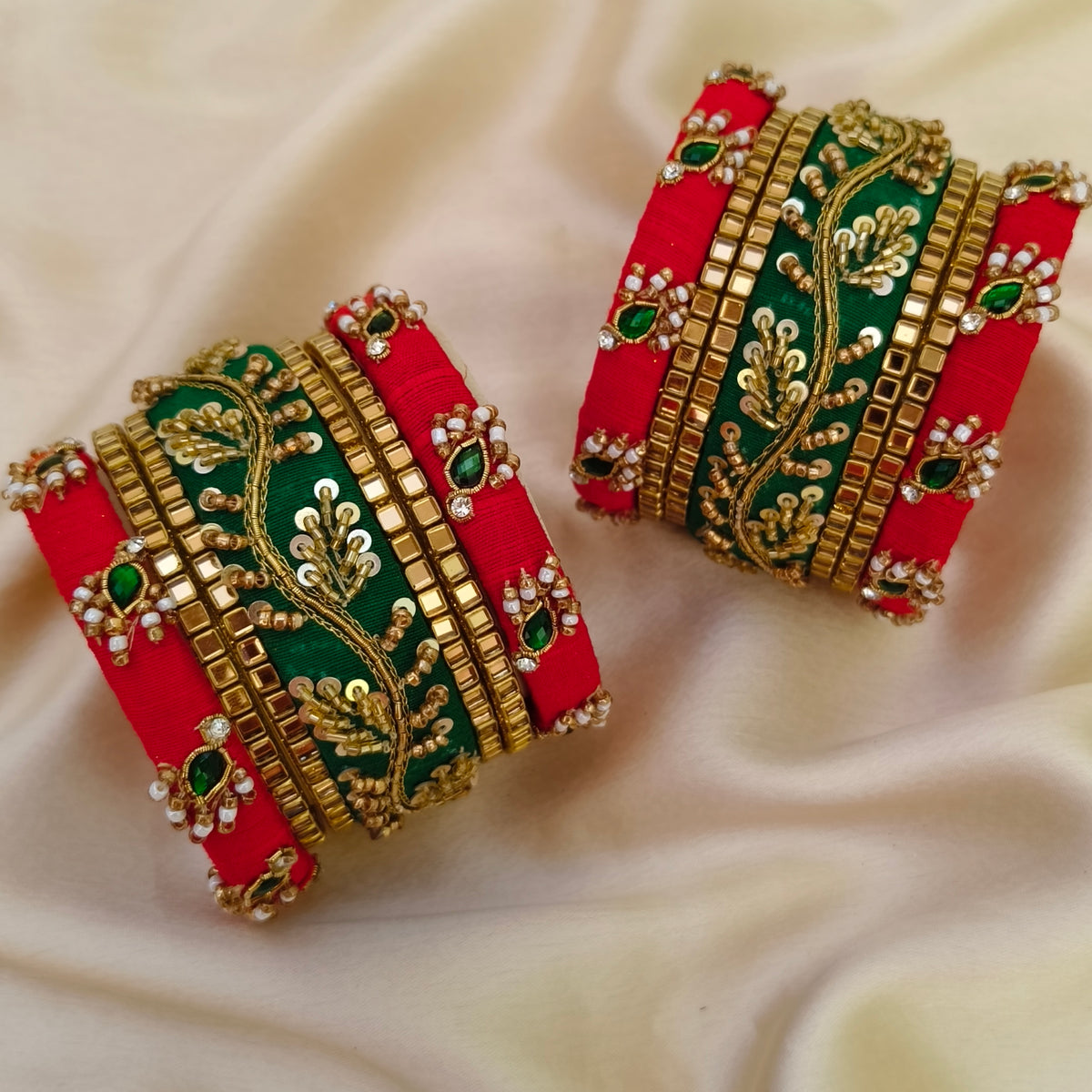 Red green Rawsilk bridal bangle set