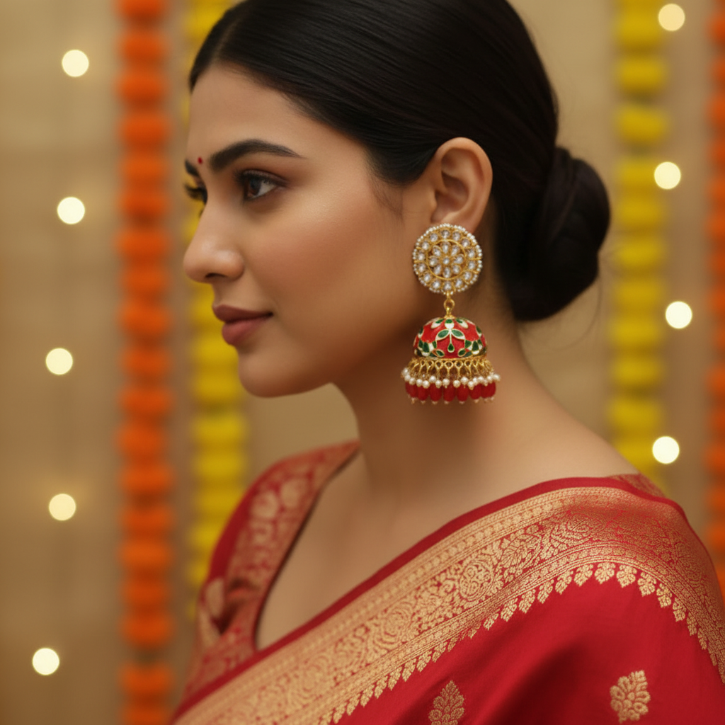 Red and green Meenakari Jhumka