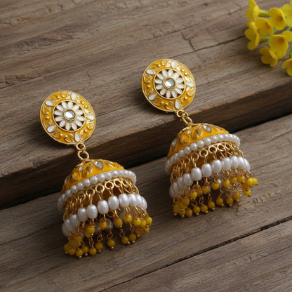 Yellow meenakari Jhumkis