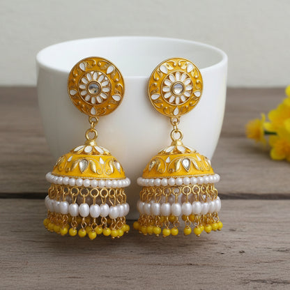 Yellow meenakari Jhumkis