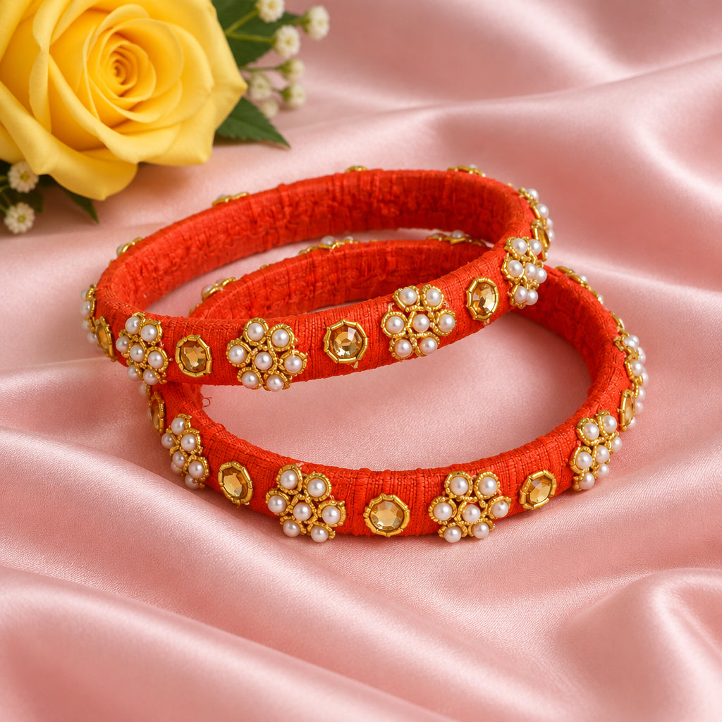 Orange moti raw silk bangles