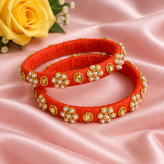 Orange moti raw silk bangles