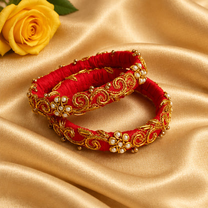 Red moti raw silk bangles