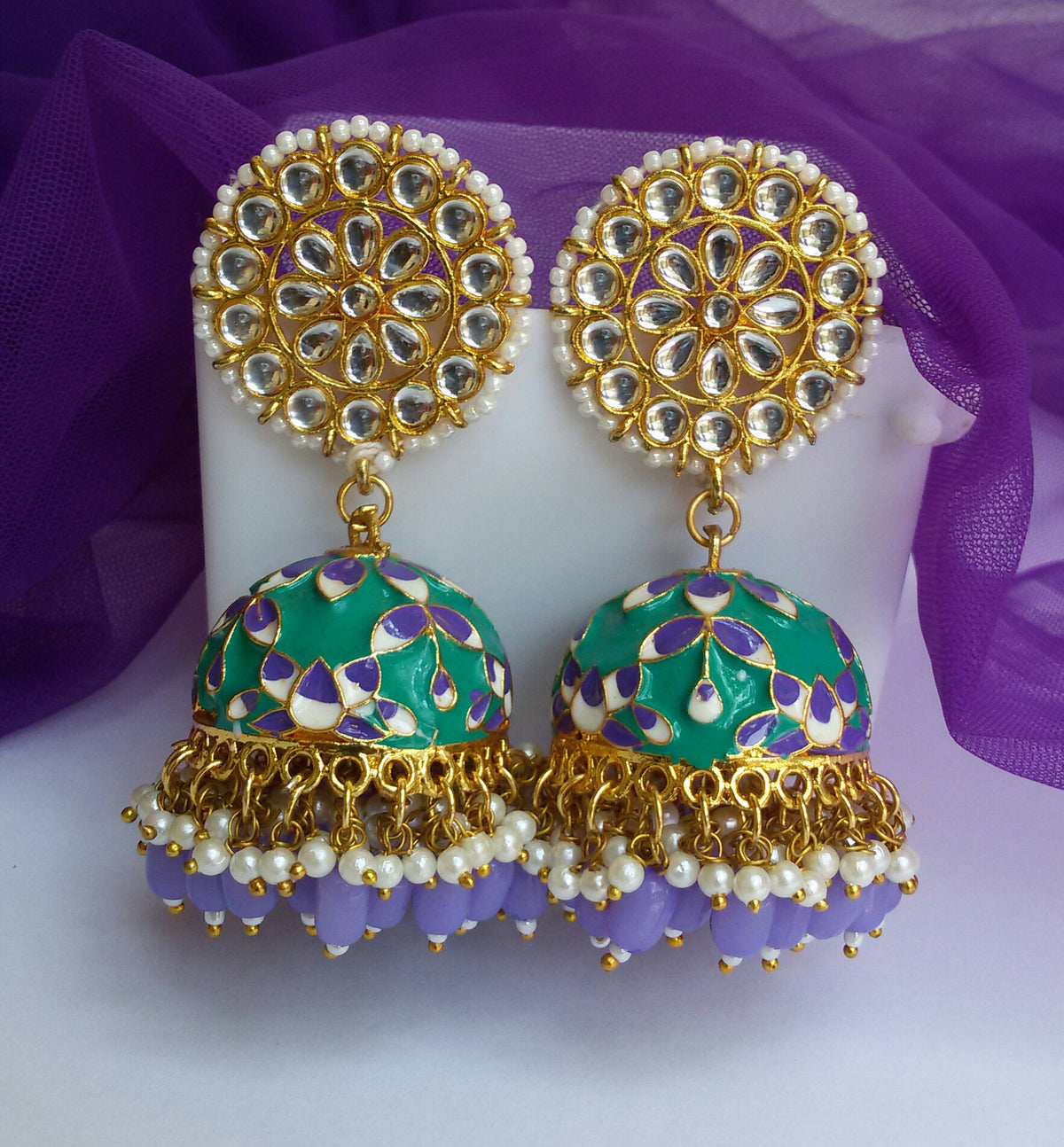 Teal Green and purple Gold plated Meenakari Jhumkis