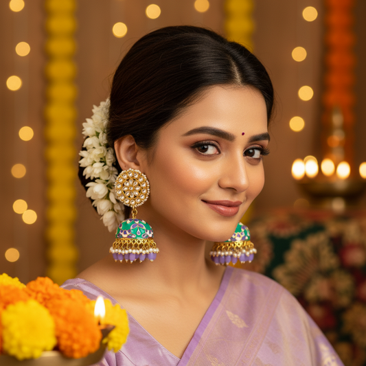 Teal Green and purple Gold plated Meenakari Jhumkis