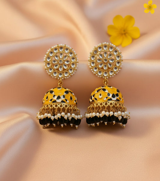 Yellow and black meenakari Jhumkis with kundan floral studs