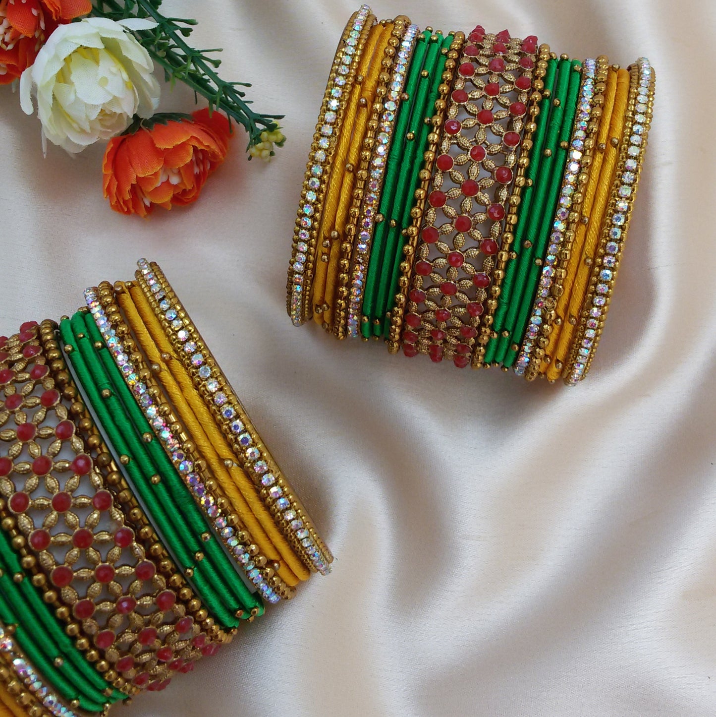 Yellow red silk thread bangle set