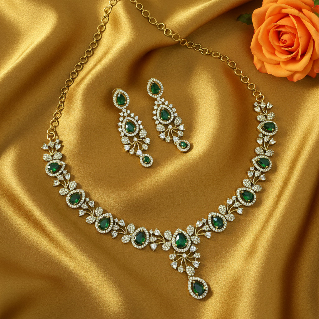 Emerald and white stone Necklace set
