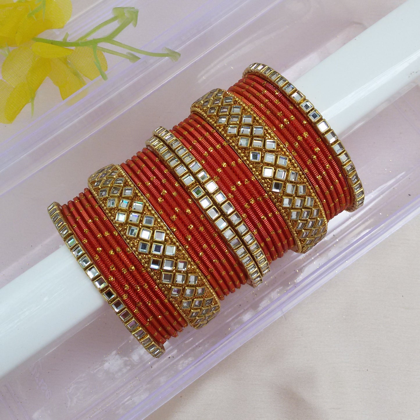 Orange kundan bangle set