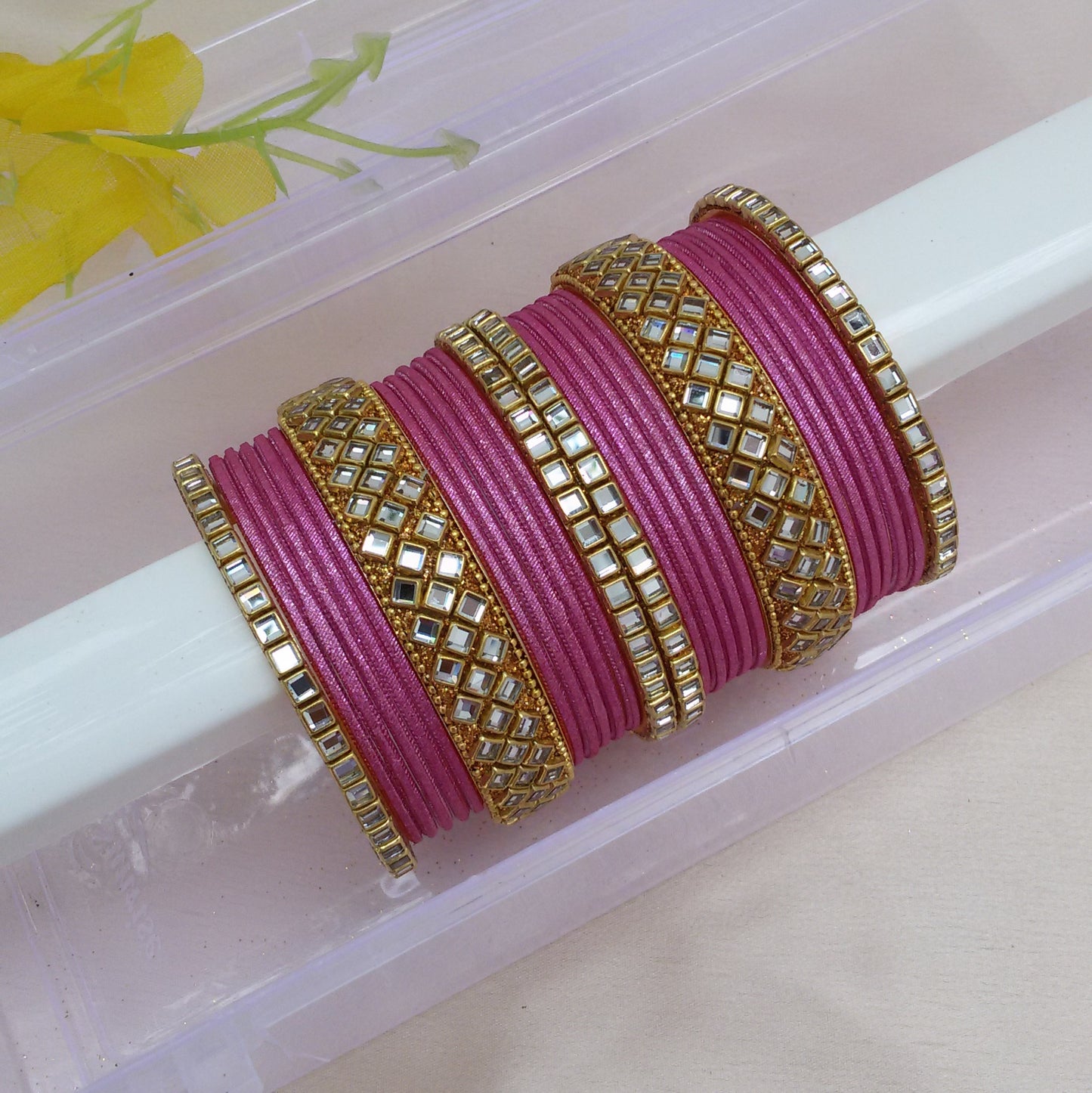 Metallic pink kundan bangle set