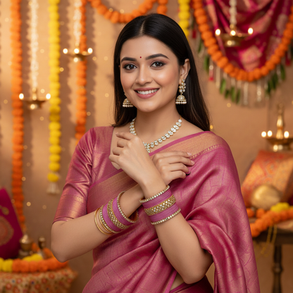 Metallic pink kundan bangle set