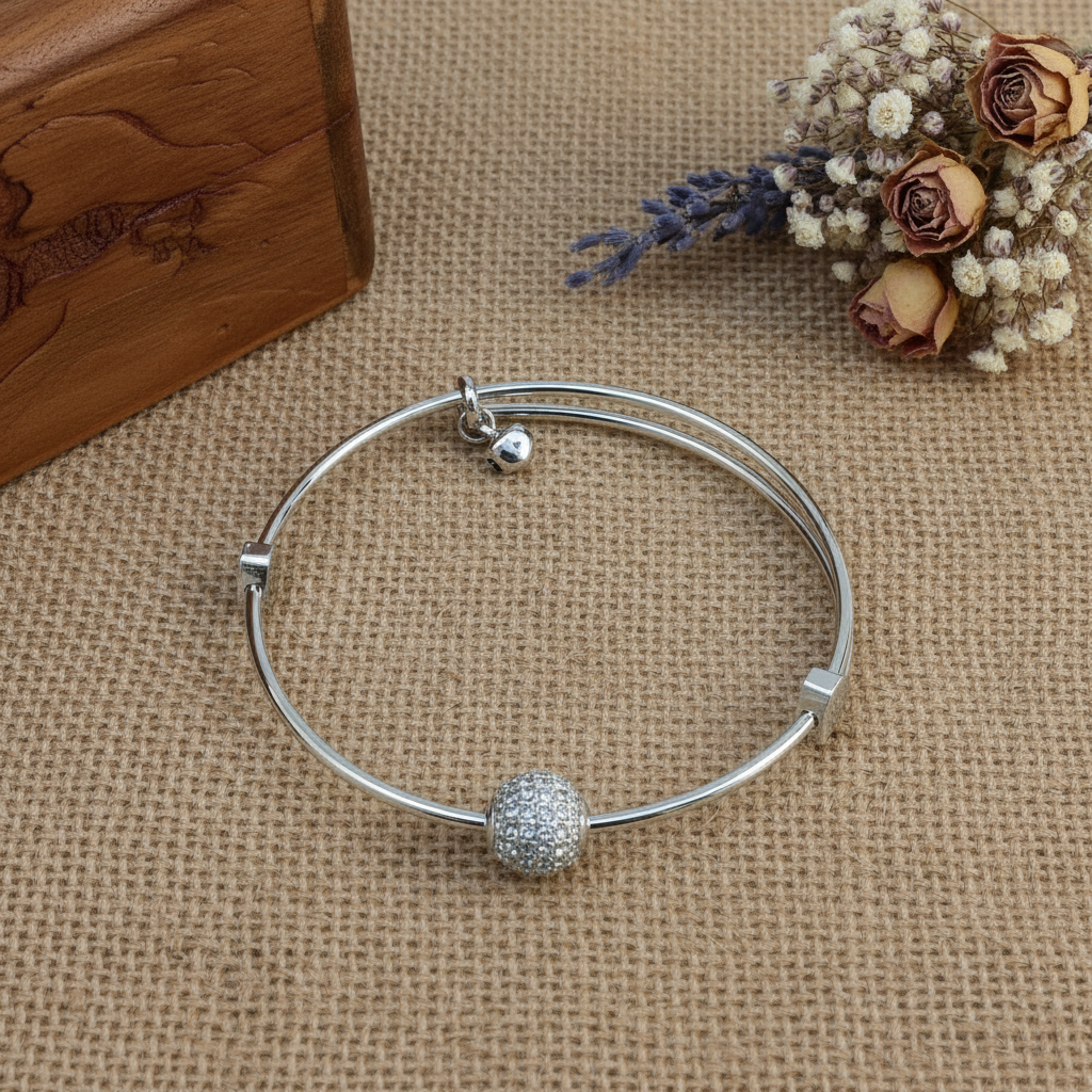 Adjustable silver stone bead bangle