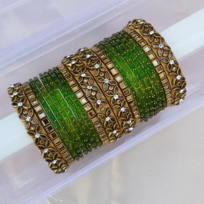 Parrot green glass kundan bangle set