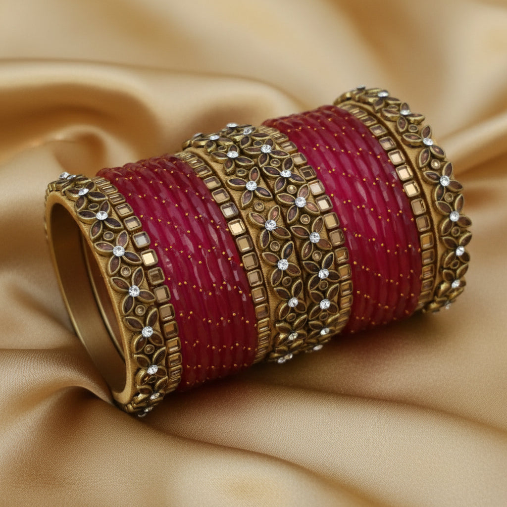 Pink glass kundan bangle set