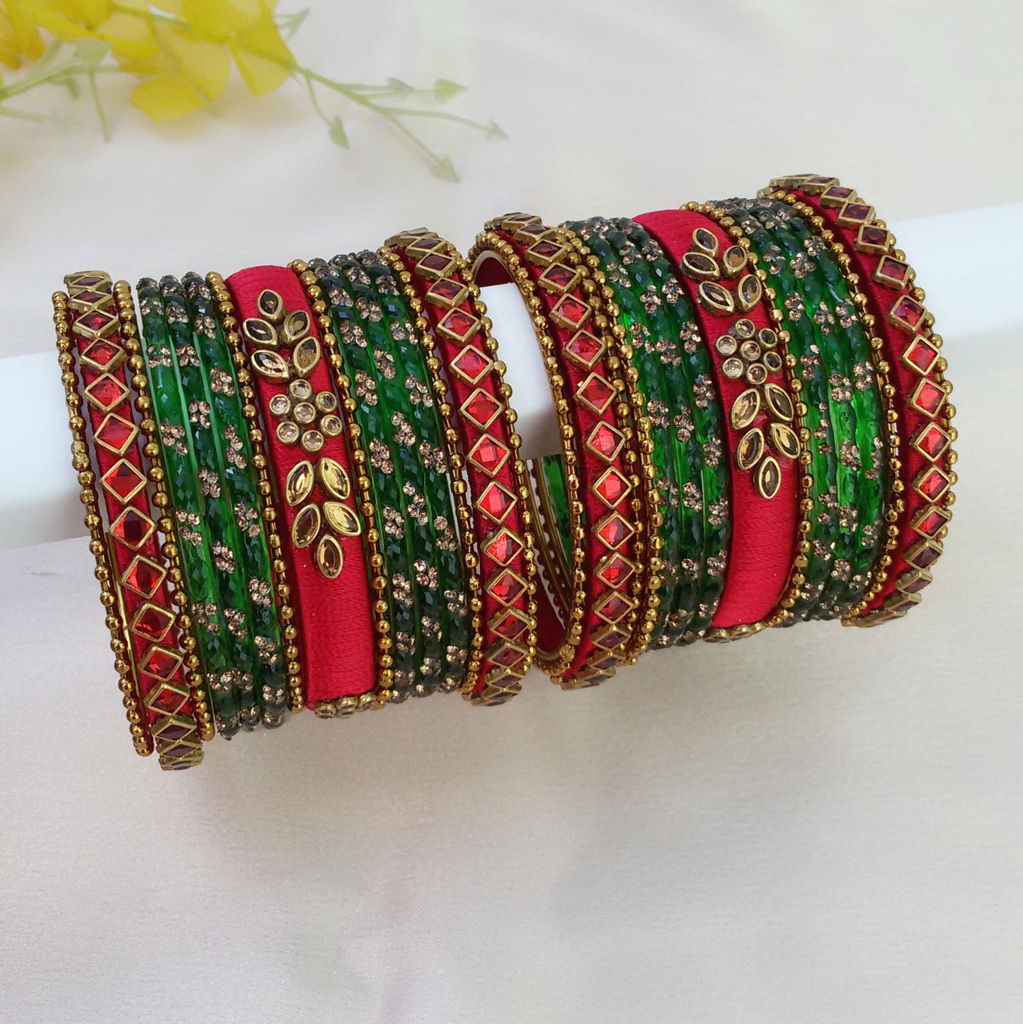 Red glass kundan bangle set