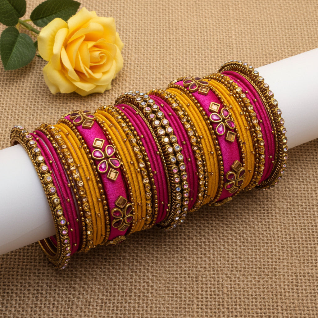Pink yellow Radha bridal bangle set