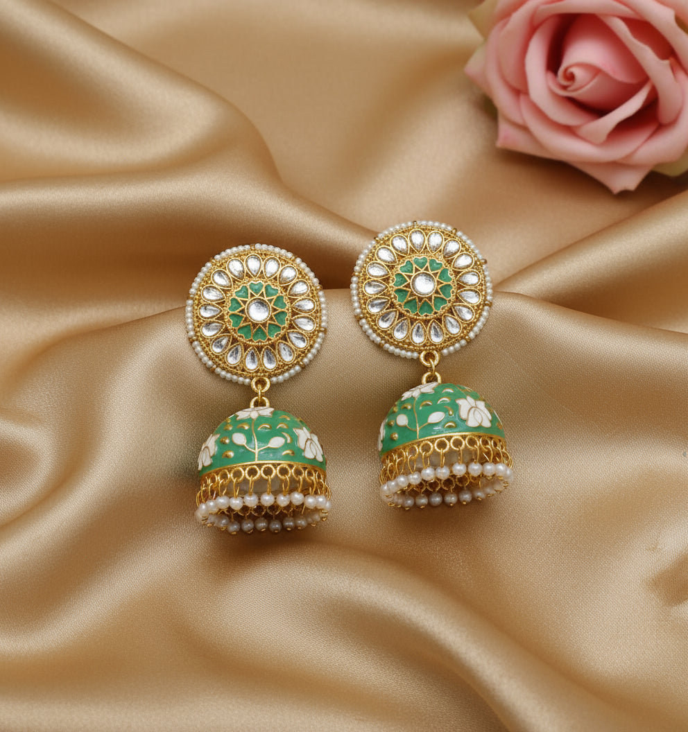 Sea green Meenakari Jhumkis with kundan studs
