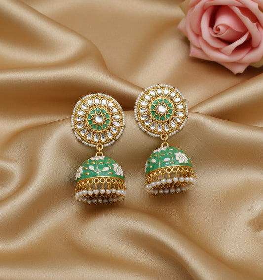Sea green Meenakari Jhumkis with kundan studs
