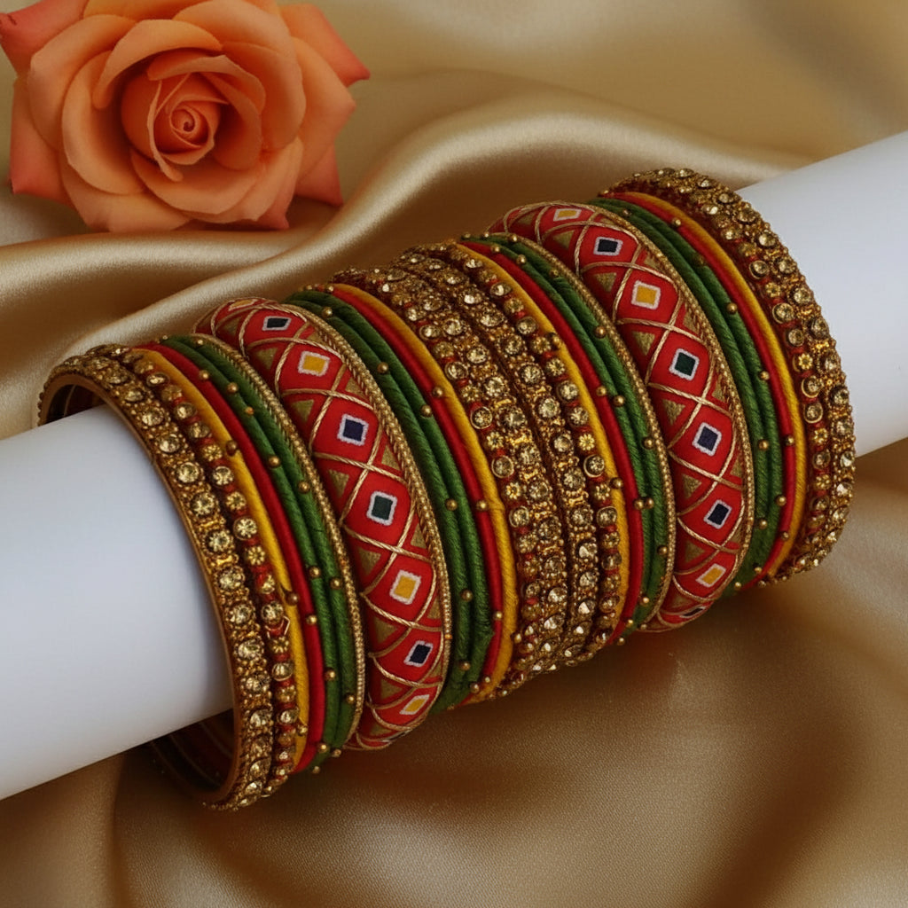 Red green Ikkat handpainted bangles set
