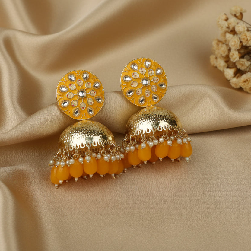 Yellow gold meenakri Jhumkis
