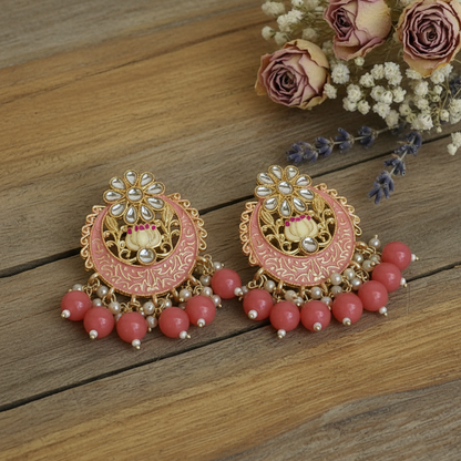 Peach meenakari chandbali earrings