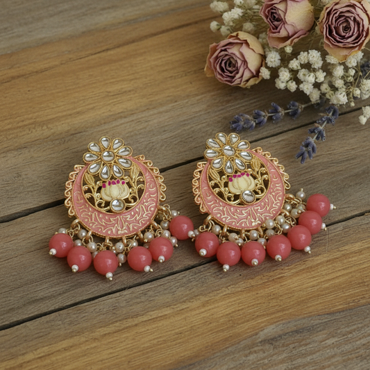 Peach meenakari chandbali earrings