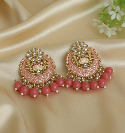 Peach meenakari chandbali earrings