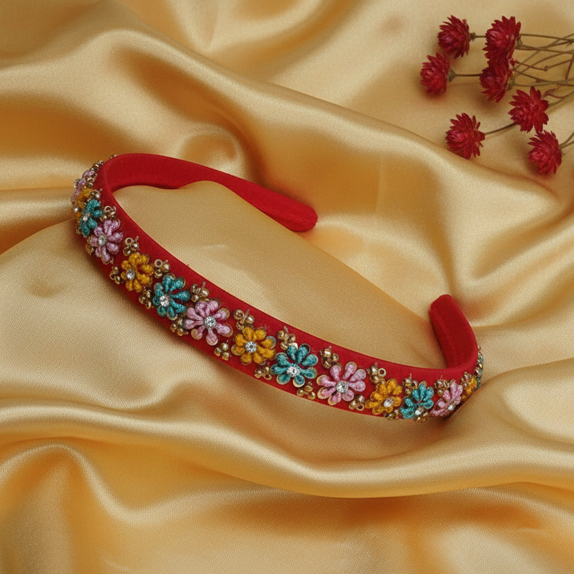Red zardosi work hair band
