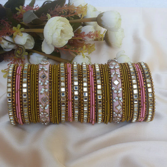 Pink and mustard green bangle set