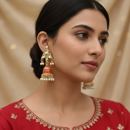 Red meenakari Jhumkis  with kundan studs (4*2.5)
